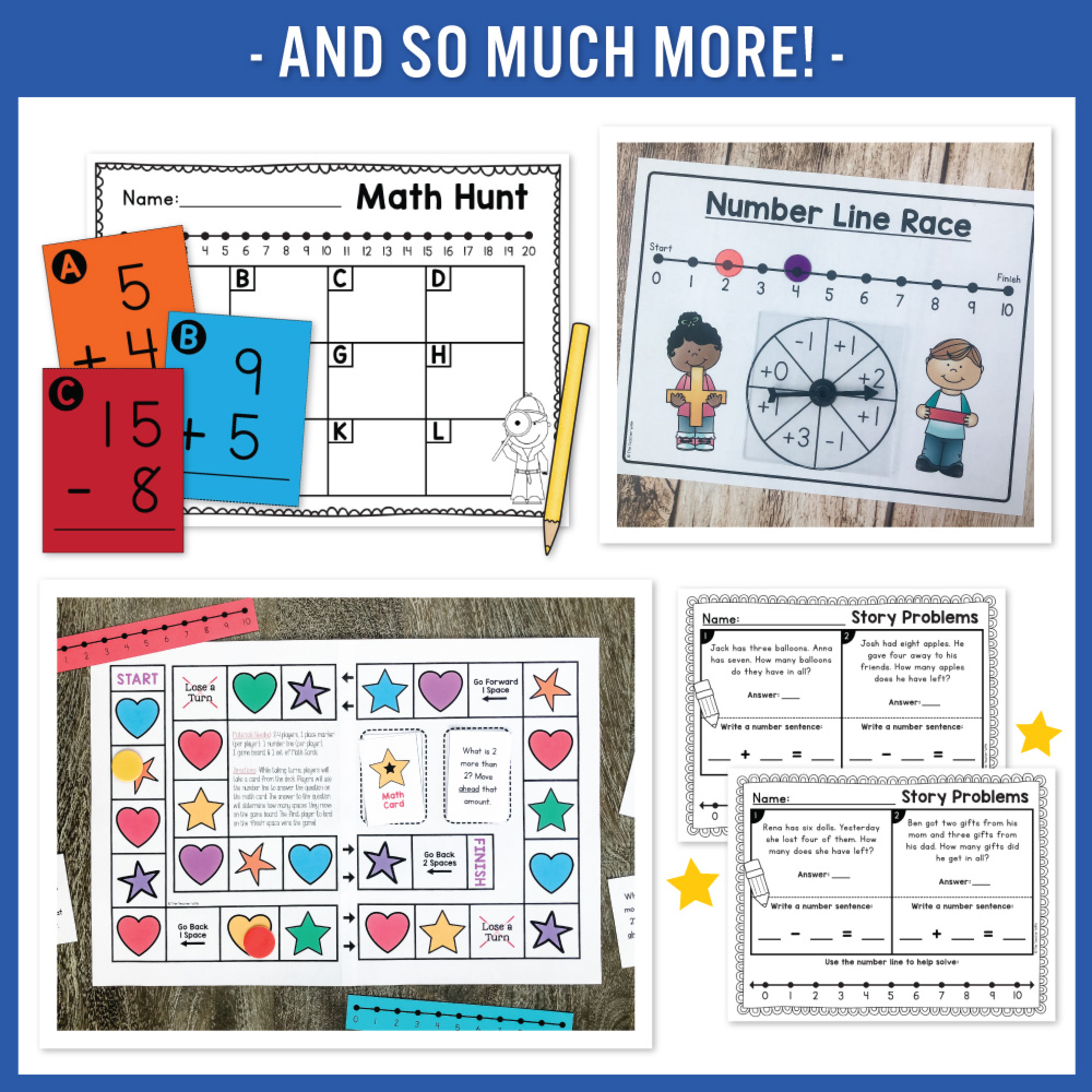 Number line activities for teaching addition and subtraction in K–3 with hands-on math printables